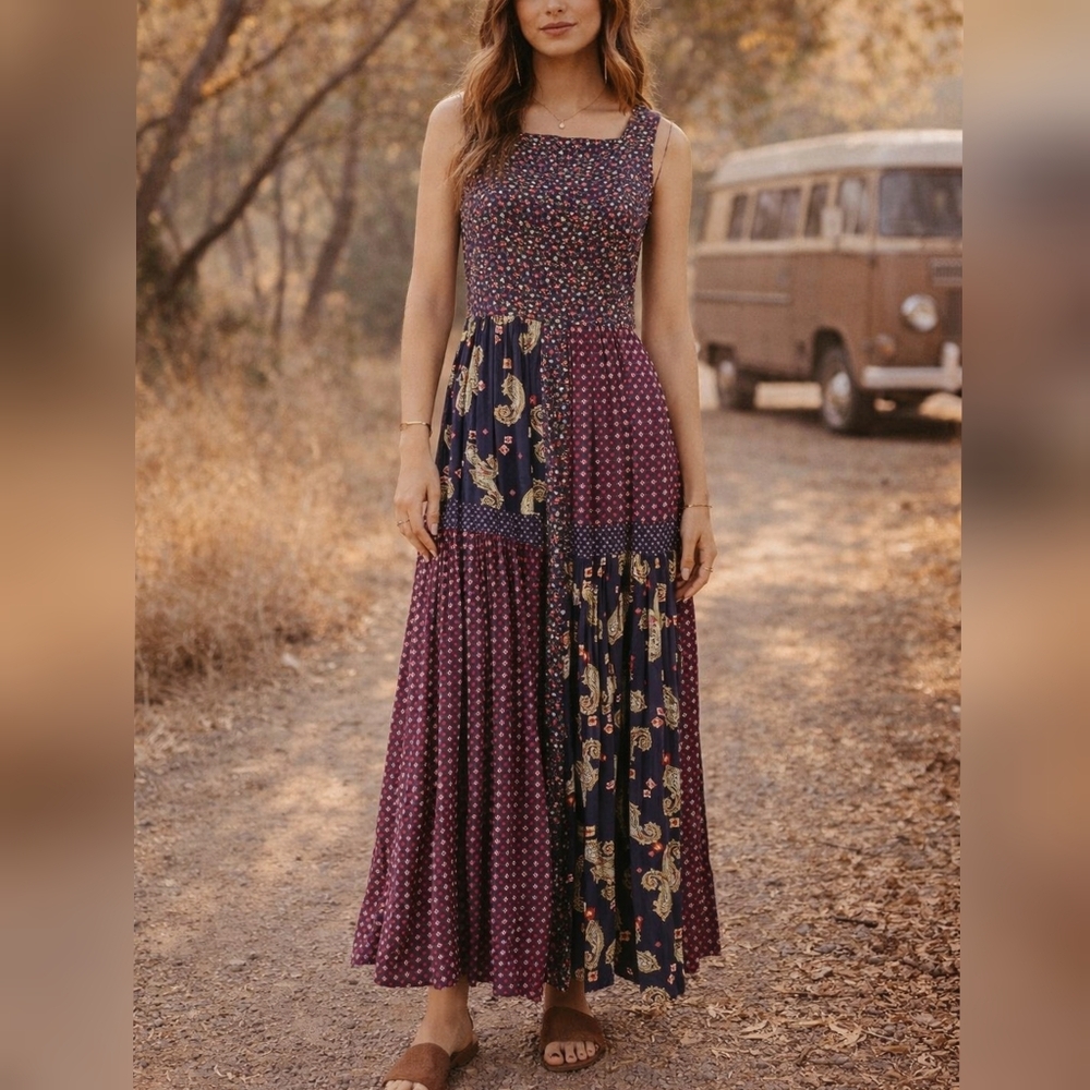 Non-Stop Vintage 1970s Floral Paisley Patch Prairie Maxi Party Prom Dress 9/10